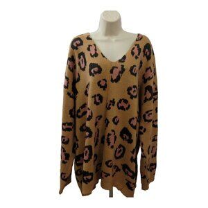 Reborn J Sweater Womens Plus 3XL Brown Leopard Print Knit Pullover V-Neck Long S